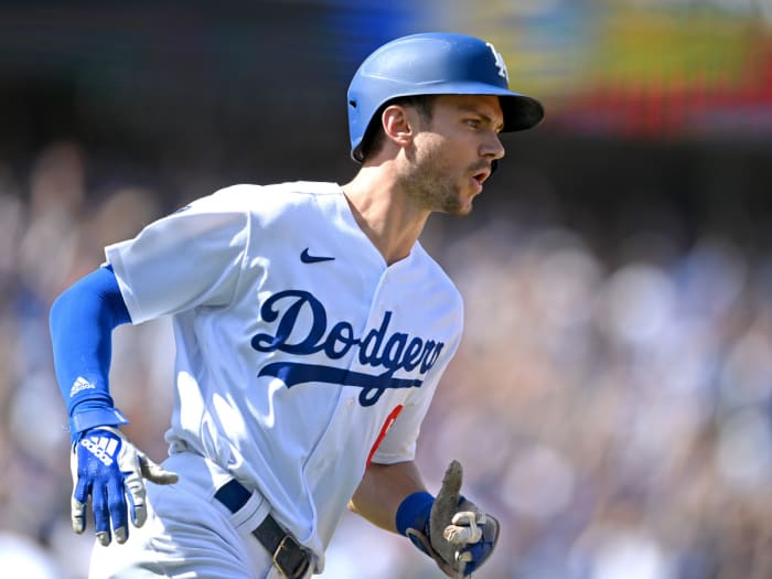 Oct 3, 2021; Los Angeles, California, USA;  Los Angeles Dodgers shortstop Trea Turner (6) rounds the bases after hitting a grand slam home run in the fifth inning of the game against the Milwaukee Brewers Dodger Stadium.